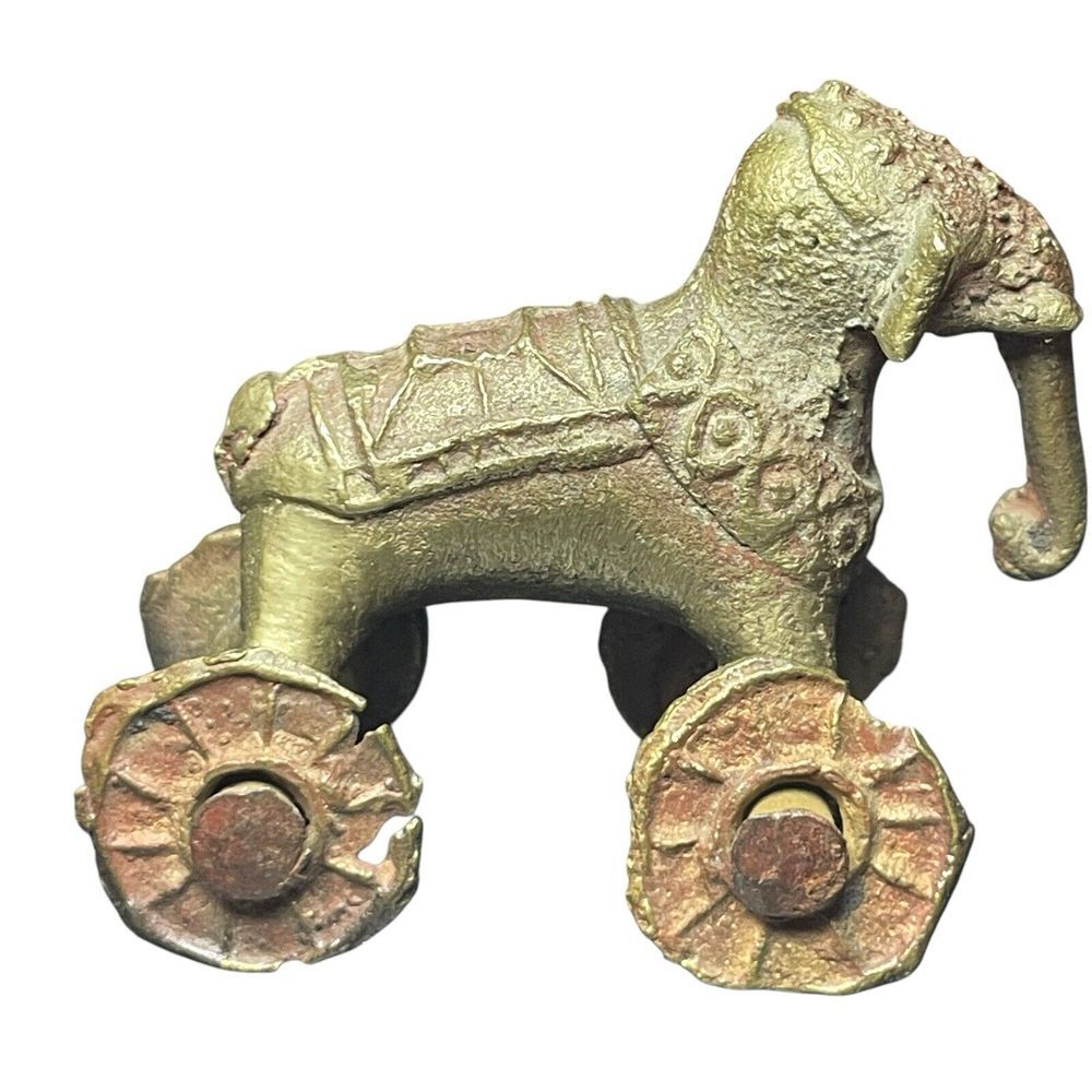 Antique Vintage India Shrine Temple Toy Brass Metal Elephant Rider Wheels Hindu - Picture 1 of 16